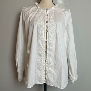 Spartina 449 Daphne Ruffle Poplin Cotton Blouse Long Sleeve White Women's L